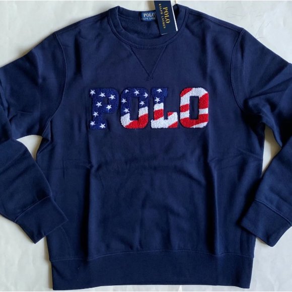 Polo Ralph Lauren Polo Logo Americana Crewneck Fleece Pullover Sweatshirt Navy